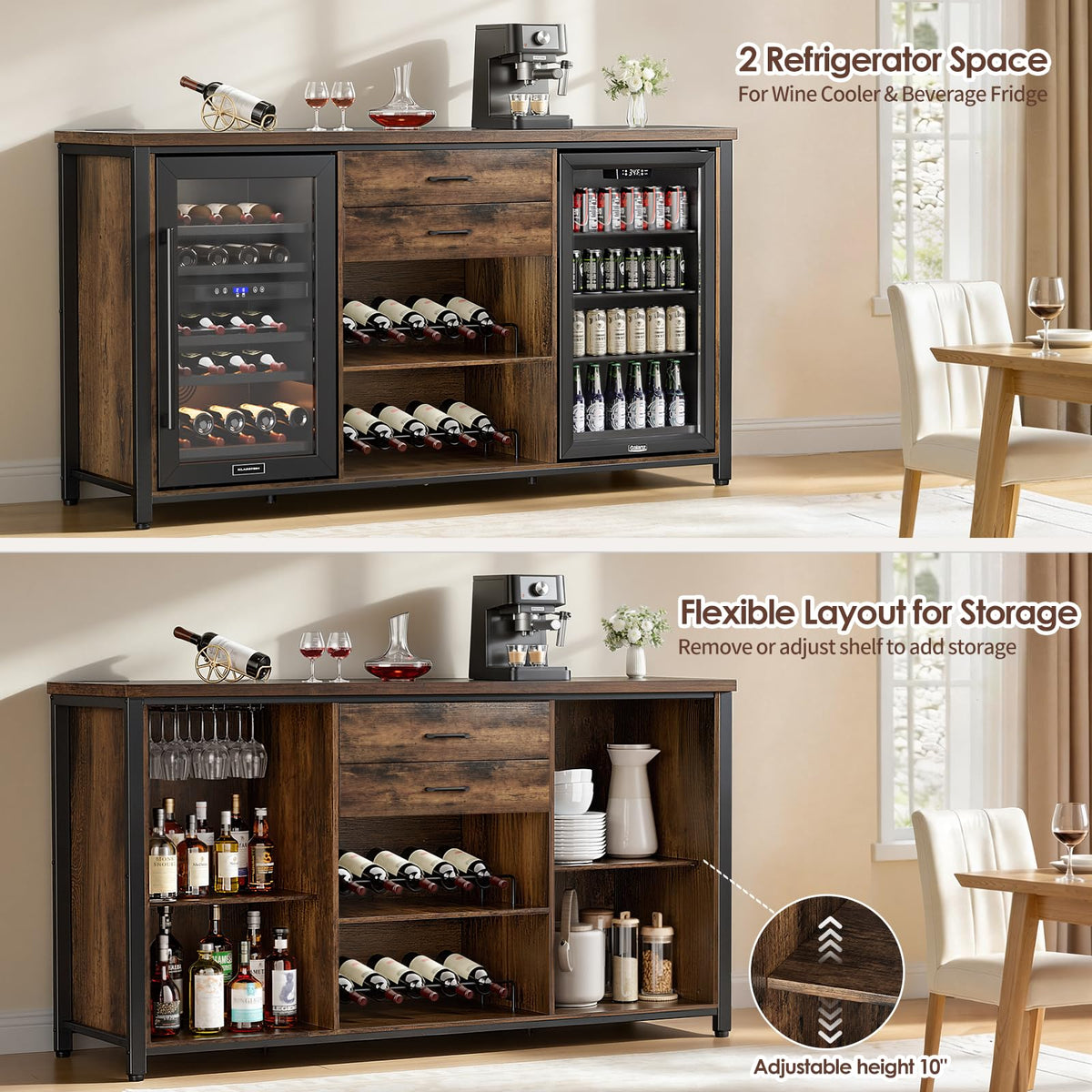 Leteuke Coffee Bar Cabinet with 2 Fridge Space, 70.8" Large Wine Cabinet