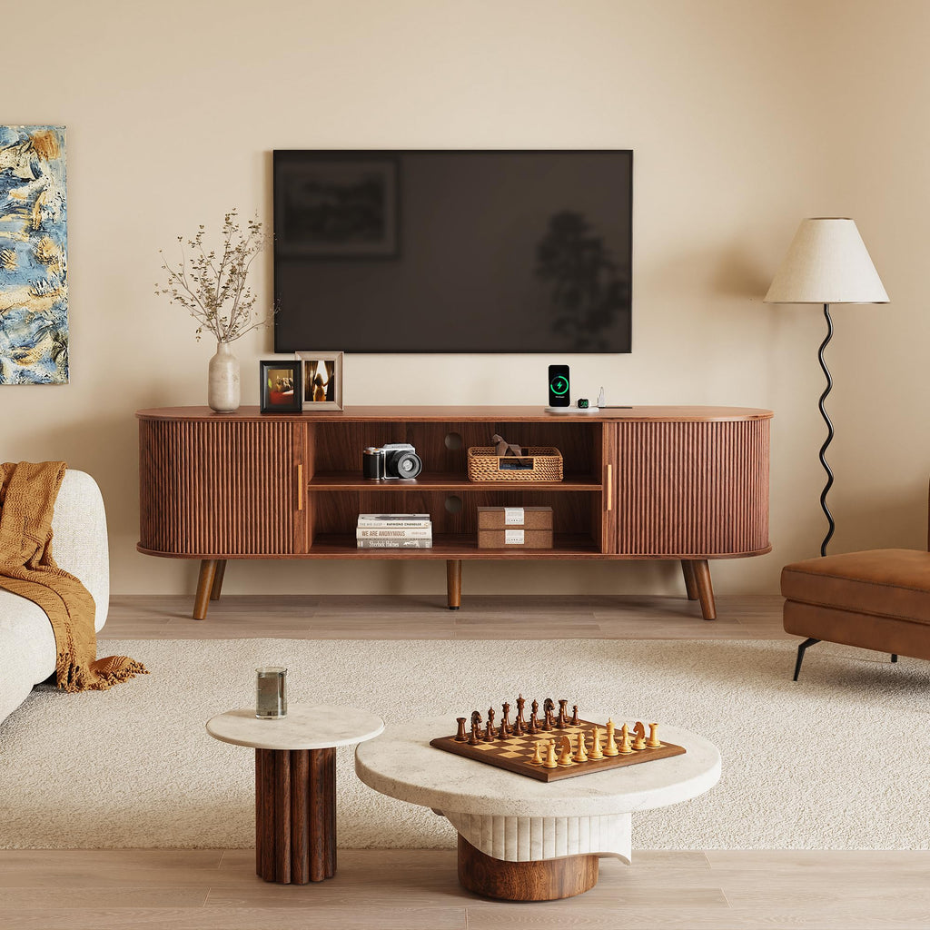 PRAISUN 54 Inch Fluted TV Stand for TVs up to 55 Inch, TV Media Console with Power Outlets and USB-C Port, Entertainment Center with Storage, Curved Sliding Doors, Adjustable Shelf, Brown