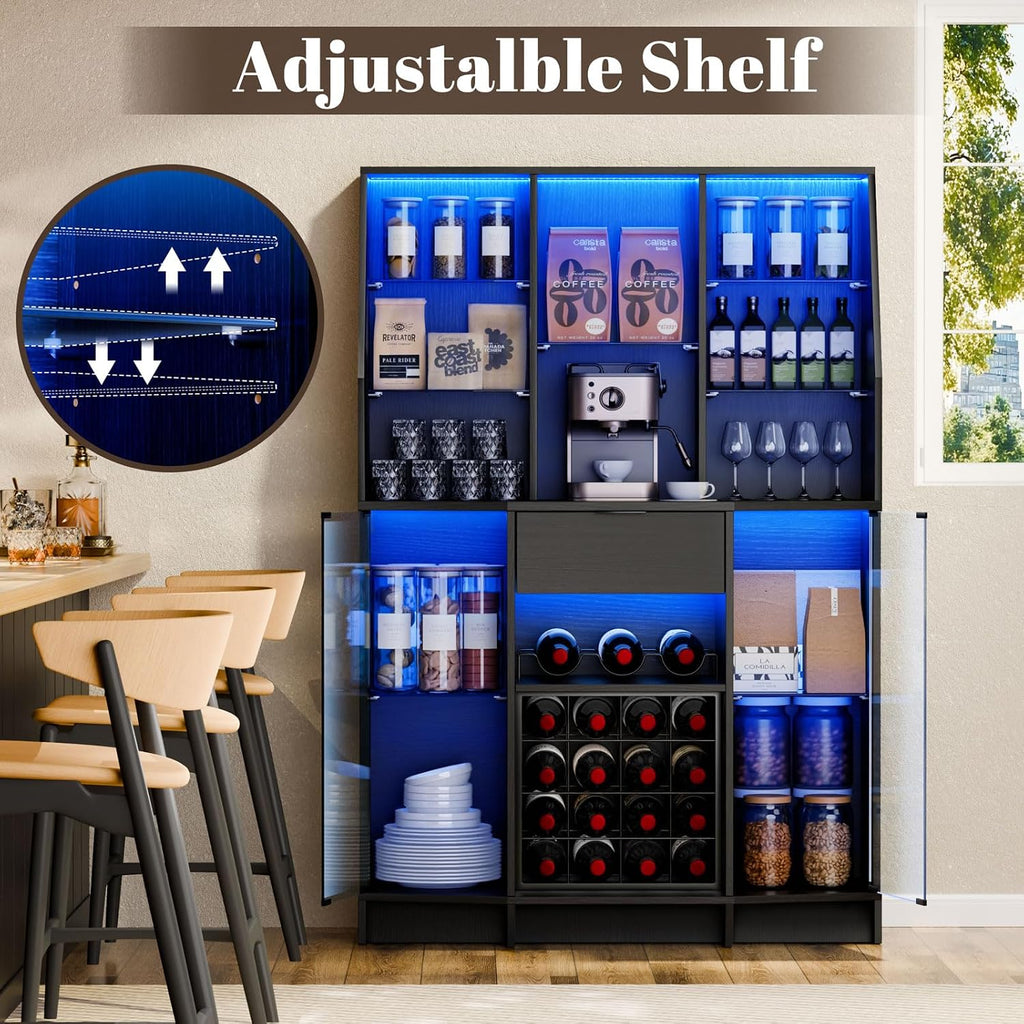 59.05" Wine Bar Cabinet W/ LED Lights & Tempered Glass Door, Home Bar Liquor Storage Cabinet With 16 Grid Wine Glass Rack & Adjustable Shelves,Coffee Cabinet with Drawer for Living Room, Dining Room