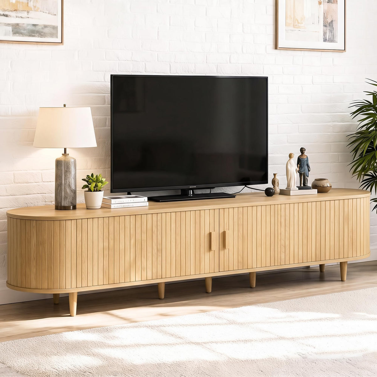 70" Mid Century Modern TV Stand, Wood TV Consoles with Sliding Doors and Power Outlet, Entertainment Center with Adjustable Shelves, Fluted TV Stands for Living Room, Walnut