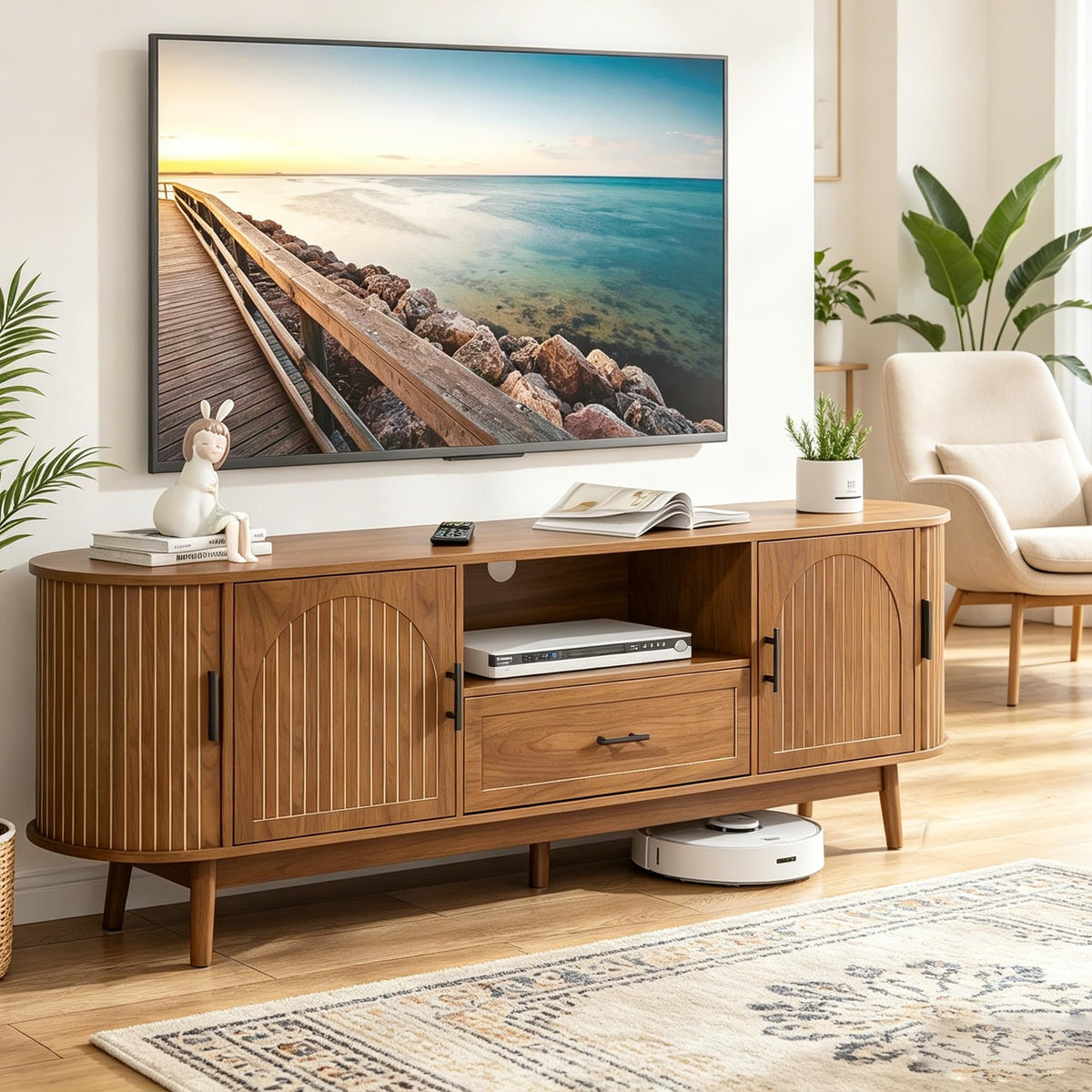 63" Fluted TV Stand for Tvs up to 70" Entertainment Center with Drawers