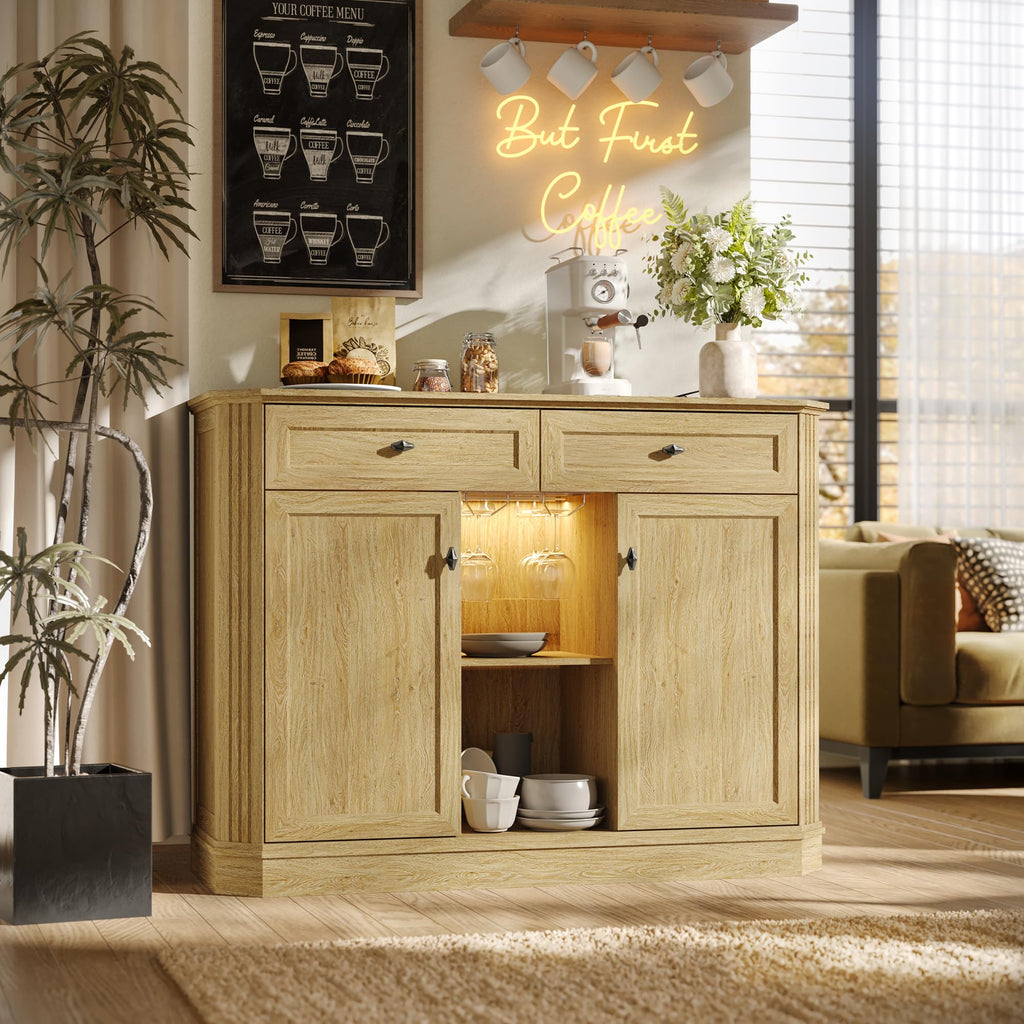 47" Wine Bar Cabinet with LED Light & Power Outlets, 2 Door Coffee Bar Cabinet with 2 Drawers, Sideboard Buffet Cabinet with Storage, Liquor Cabinet for Home Bar, Kitchen Living Room, Walnut Brown