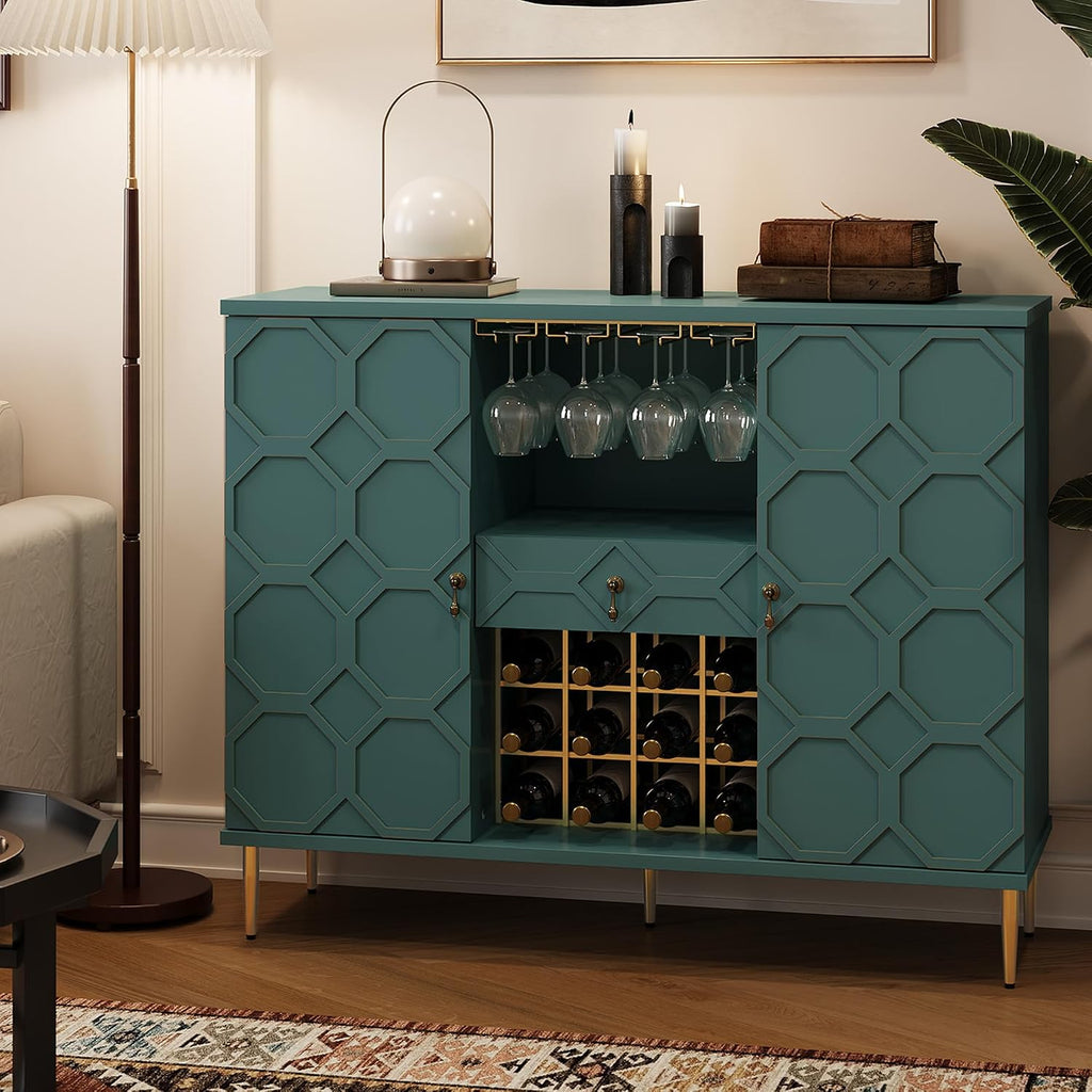48" Modern Bar Cabinet, Wine Cabinet with Wine Glass Racks and Shelves & Drawer, Geometric Door Buffet Sideboard for Coffee Bar, Liquor, Dining Room, Living Room, Kitchen, Green