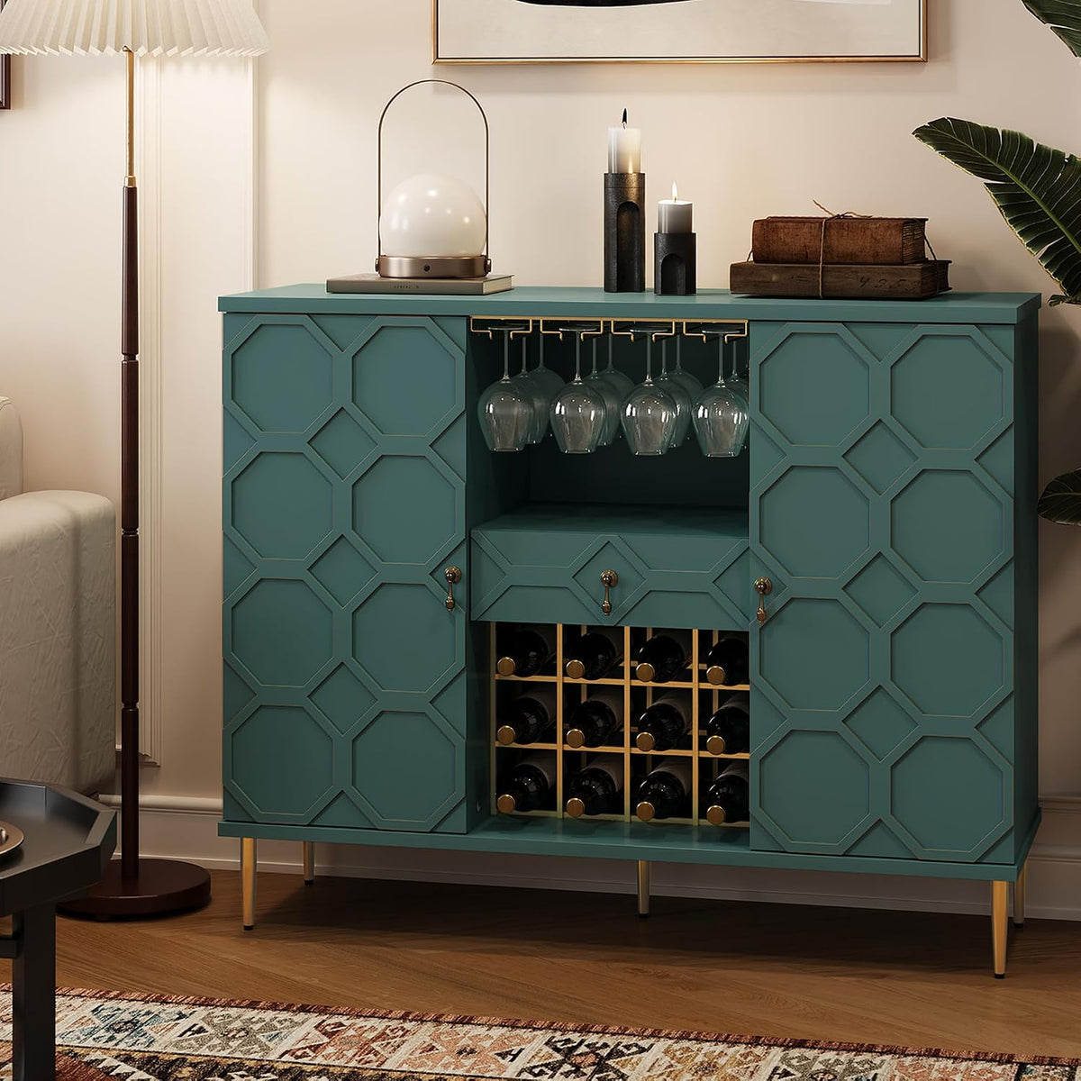 48" Modern Bar Cabinet, Wine Cabinet with Wine Glass Racks and Shelves & Drawer, Geometric Door Buffet Sideboard for Coffee Bar, Liquor, Dining Room, Living Room, Kitchen, Green