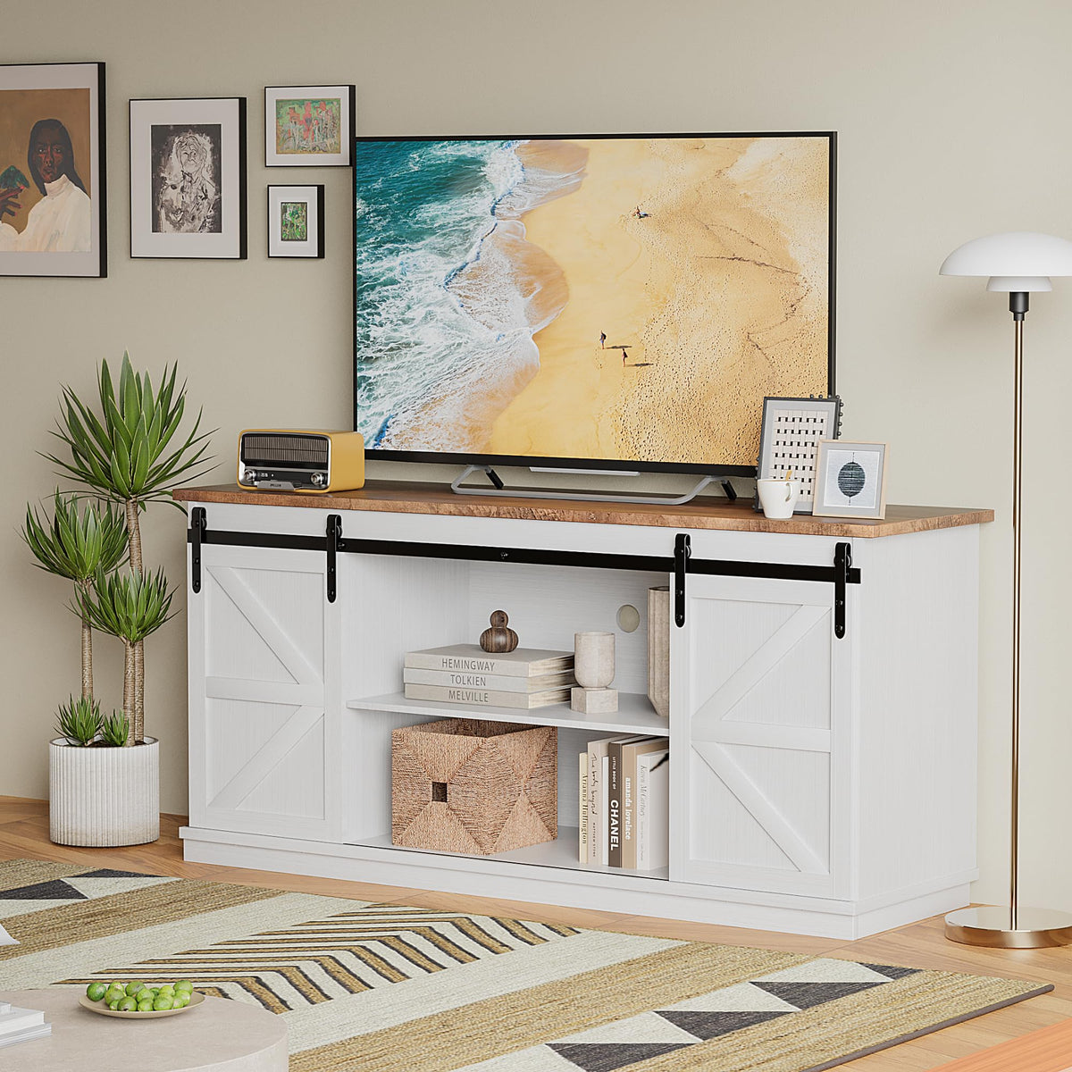 JUMMICO TV Stand for 65 Inch TV, Sliding Barn Doors, Bright White