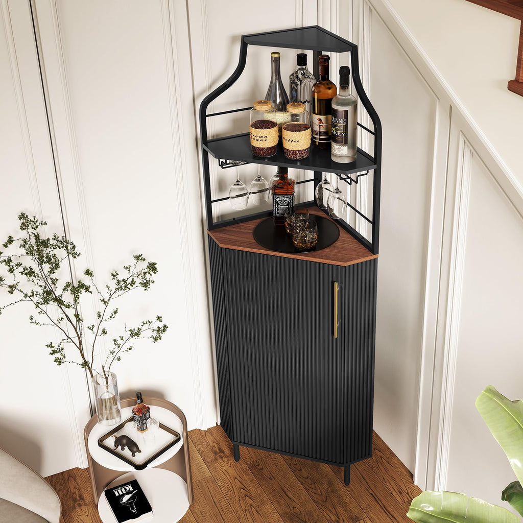 ARTPOWER Corner Bar Cabinet with LED Strip, 4-Tiers Liquor Cabinet, Green