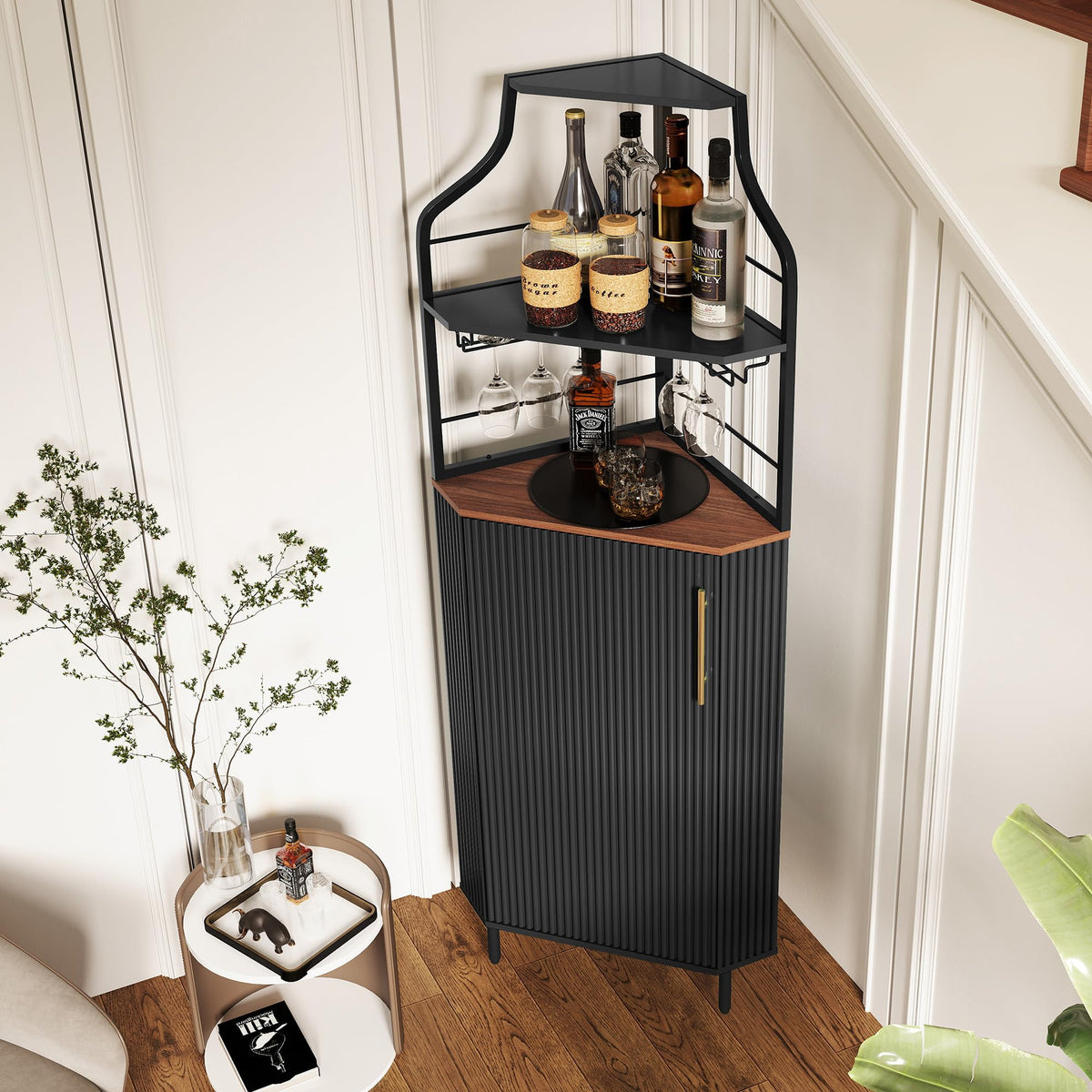 ARTPOWER Corner Bar Cabinet with LED Strip, 4-Tiers Liquor Cabinet, Green