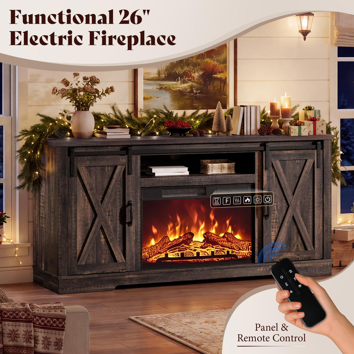 AMERLIFE Fireplace TV Stand with Sliding Barn Door for TVs up to 75"