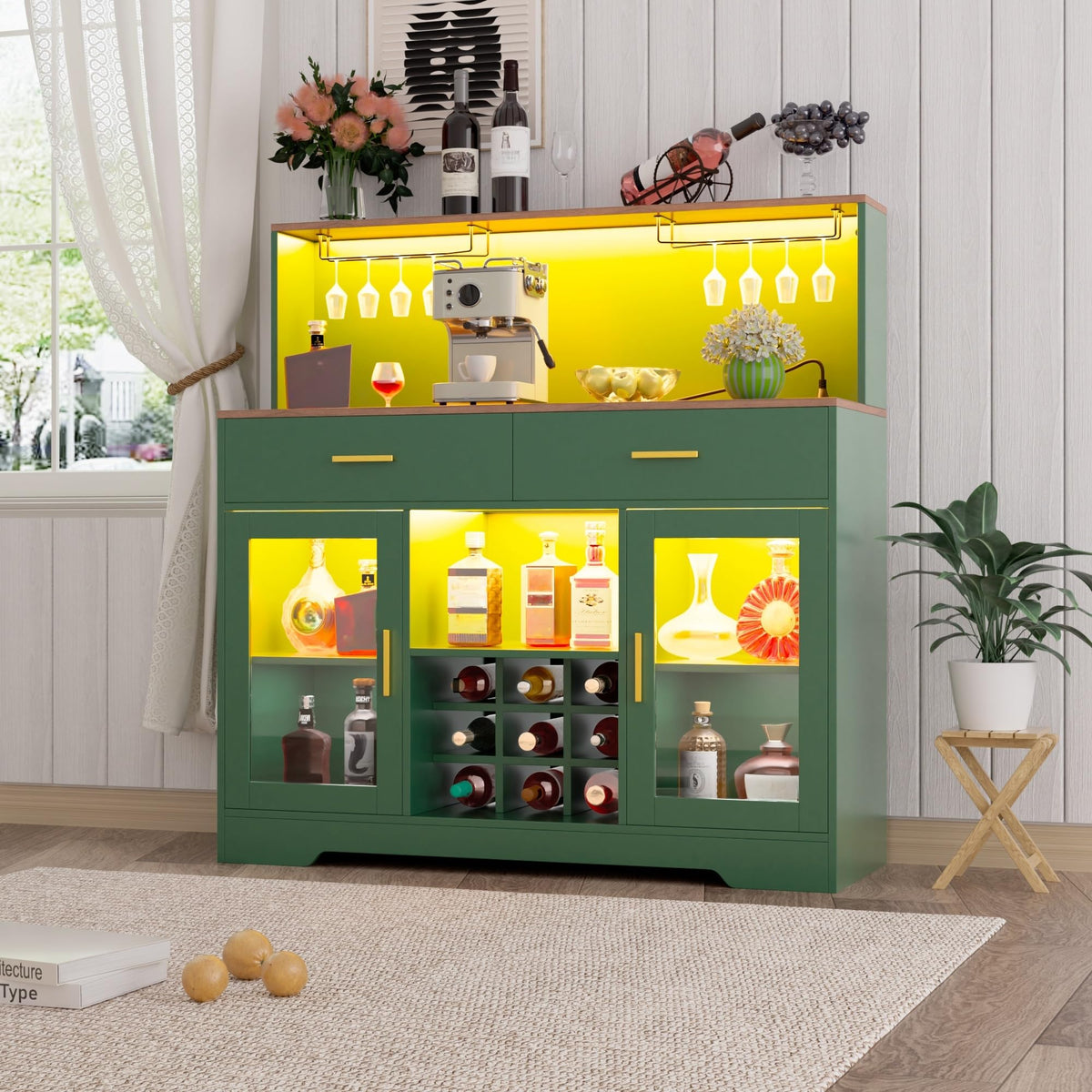 Wine Bar Cabinet With Power Outlet, Black Bars Cabinet Liquor Cabinet with Led Lights, Coffee Bar Cabinet with Wine Rack & Glass Holder, Buffet Sideboard with Storage for Living Room, Dining Room