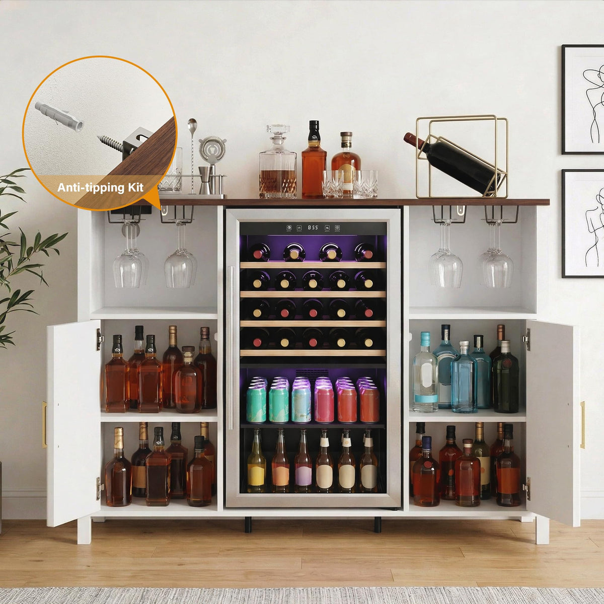 70" Large Coffee Bar Cabinet with Power Outlet, Mini Fridge Cabinet with Adjustable Shelf Wine Rack Glass Holder Liquor Wine Storage, Walnut Fluted Buffet Sideboard Table for Kitchen Dining Room