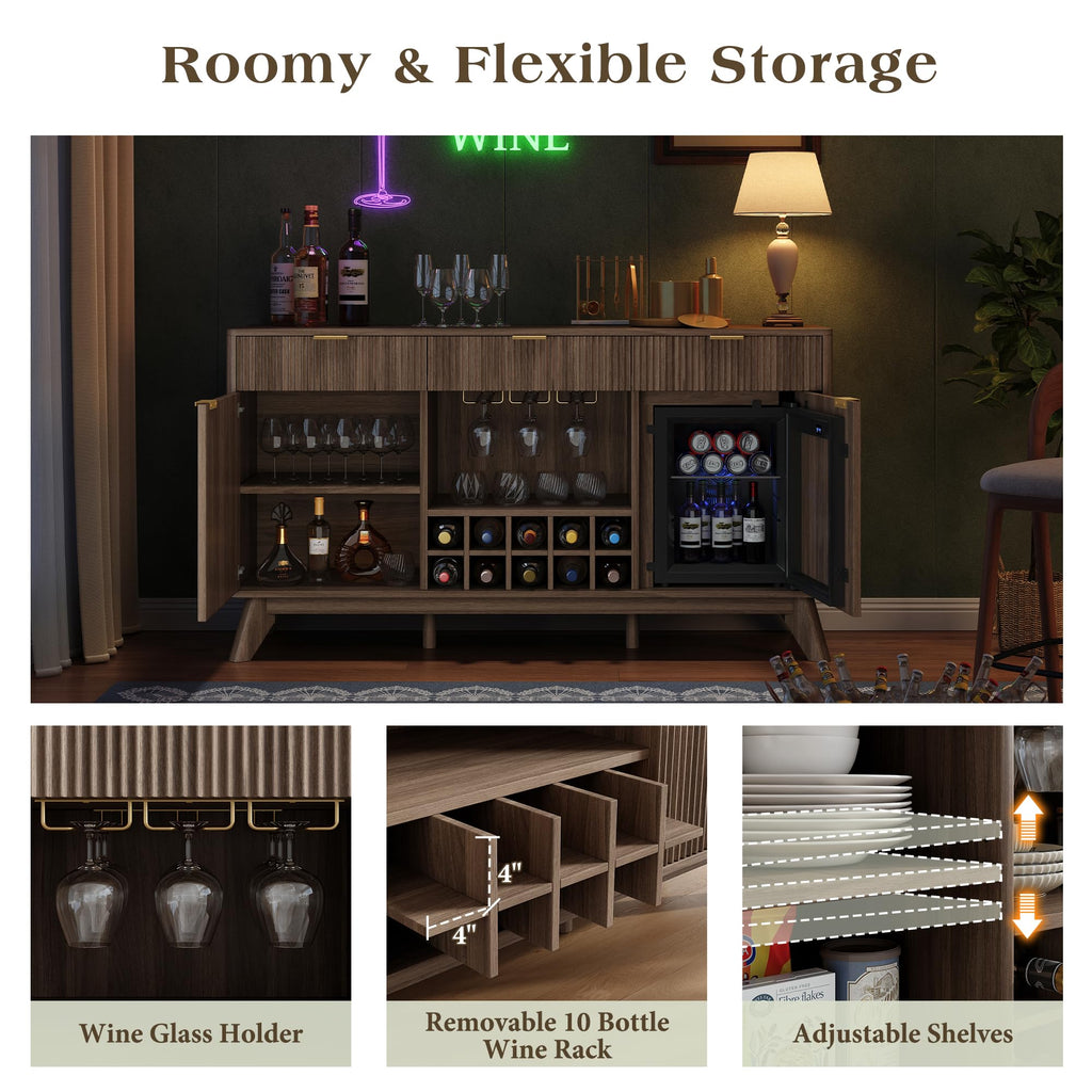 60" Wine Bar Cabinet, Coffee Bar Cabinet with Fridge, Sideboard Cabinet