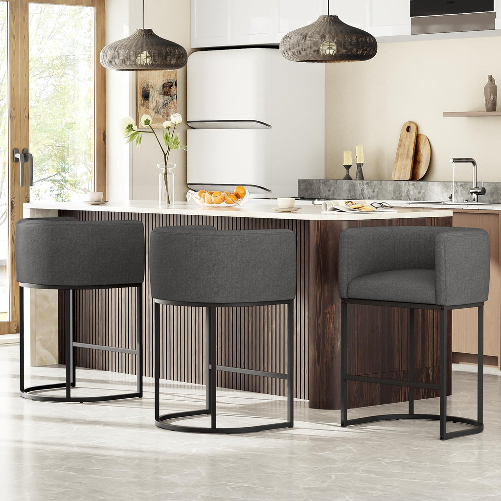 26" H Counter Height Bar Stools Set of 2, Modern Barrel Counter Stools with Backrest and Arms, Linen Fabric Upholstered Accent Barstools for Kitchen Island,Support 450 LBS (Beige)