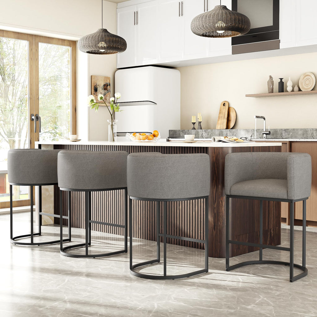 26" H Counter Height Bar Stools Set of 2, Modern Barrel Counter Stools with Backrest and Arms, Linen Fabric Upholstered Accent Barstools for Kitchen Island,Support 450 LBS (Beige)