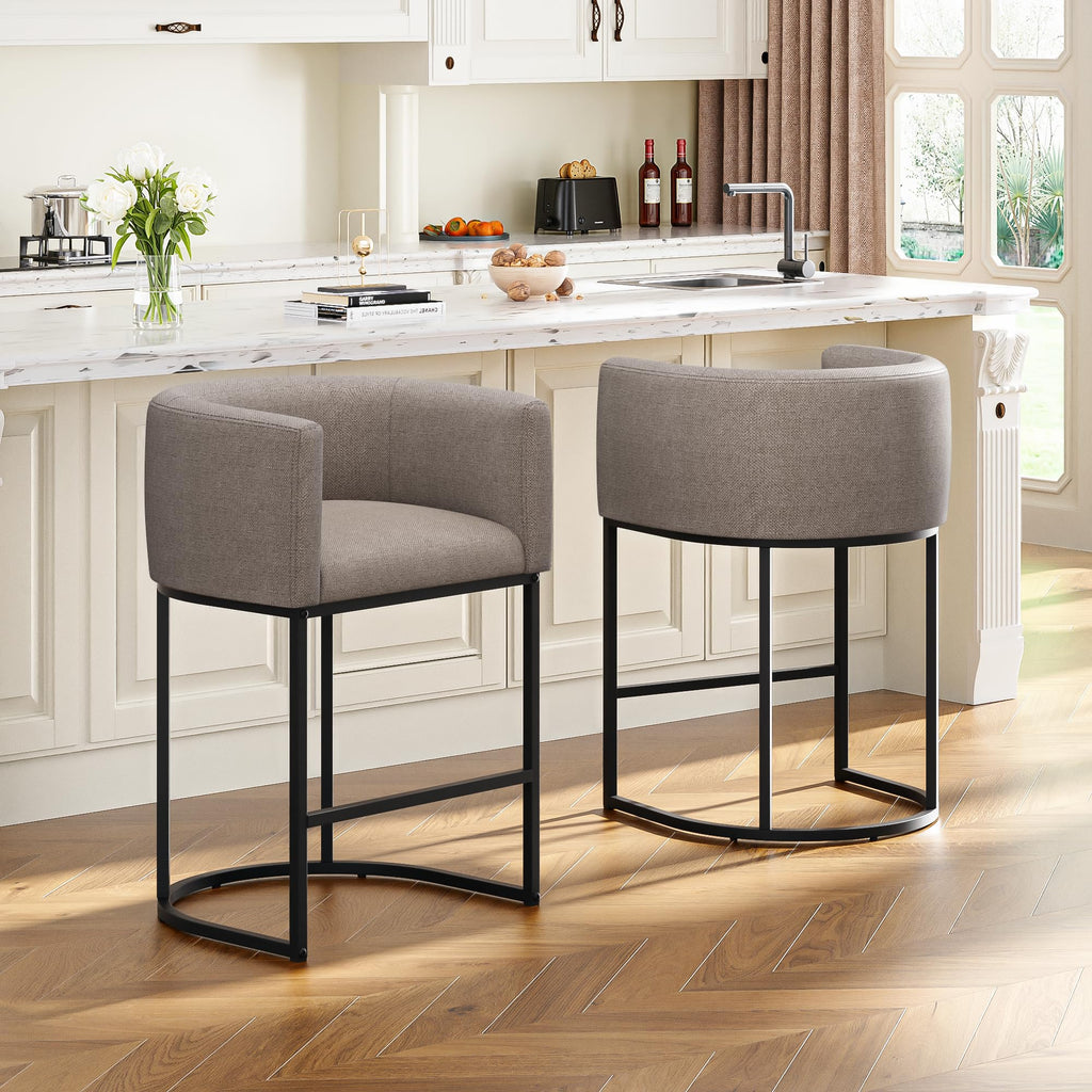 26" H Counter Height Bar Stools Set of 2, Modern Barrel Counter Stools with Backrest and Arms, Linen Fabric Upholstered Accent Barstools for Kitchen Island,Support 450 LBS (Beige)
