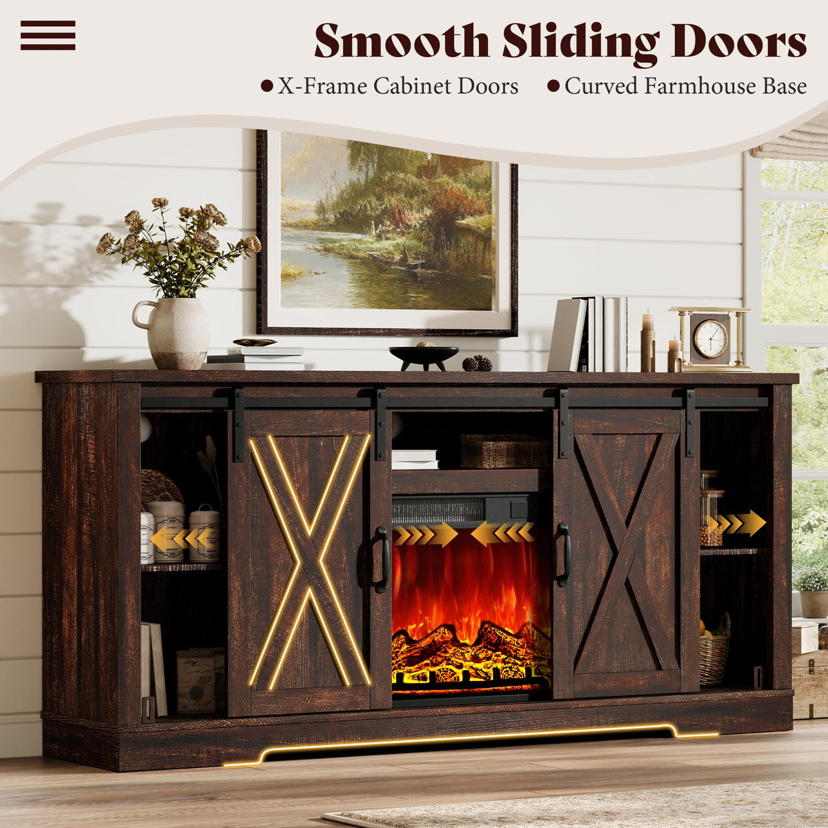 AMERLIFE Fireplace TV Stand with Sliding Barn Door for TVs up to 75"