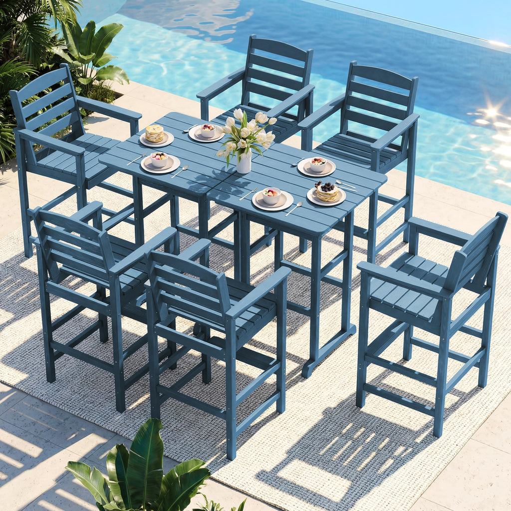 SERWALL 3 Pcs HDPE Bar Height Chairs and Double Layer Pub Table Set, Blue