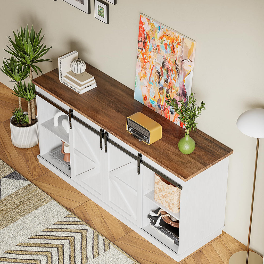 JUMMICO TV Stand for 65 Inch TV, Sliding Barn Doors, Bright White