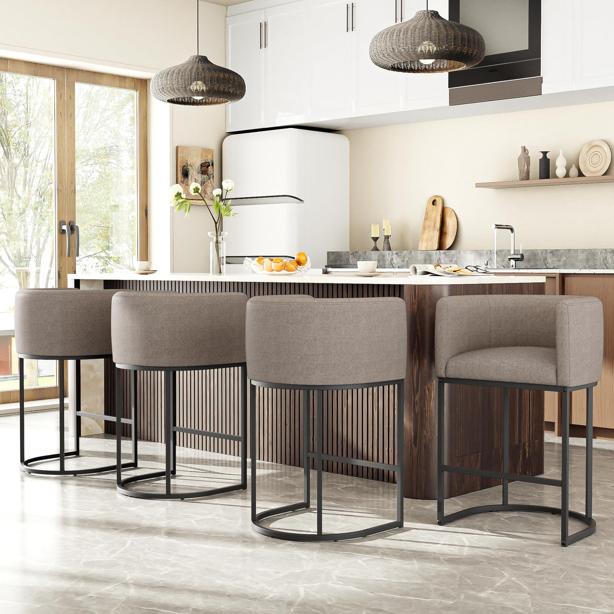 26" H Counter Height Bar Stools Set of 2, Modern Barrel Counter Stools with Backrest and Arms, Linen Fabric Upholstered Accent Barstools for Kitchen Island,Support 450 LBS (Beige)