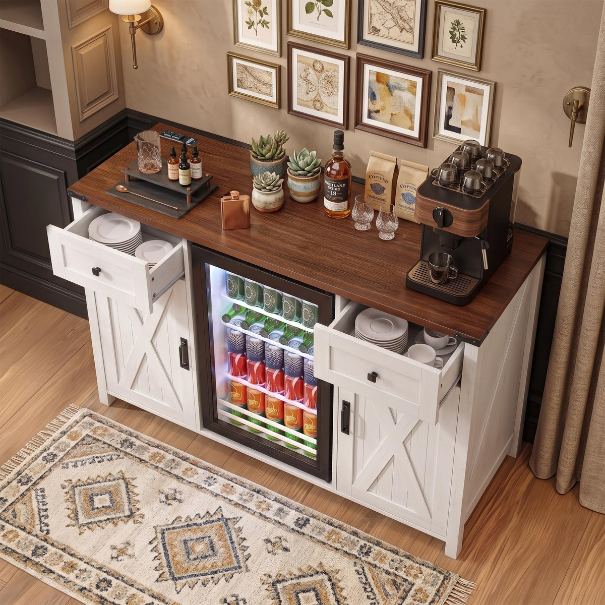 53.2" Farmhouse Fridge Cabinet, Coffee Bar Cabinet, Black