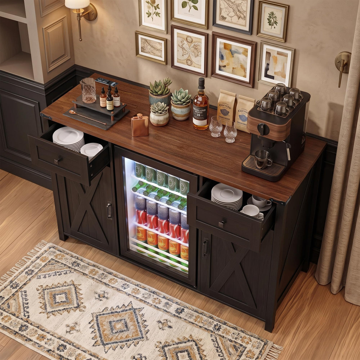 53.2" Farmhouse Fridge Cabinet, Coffee Bar Cabinet, Black
