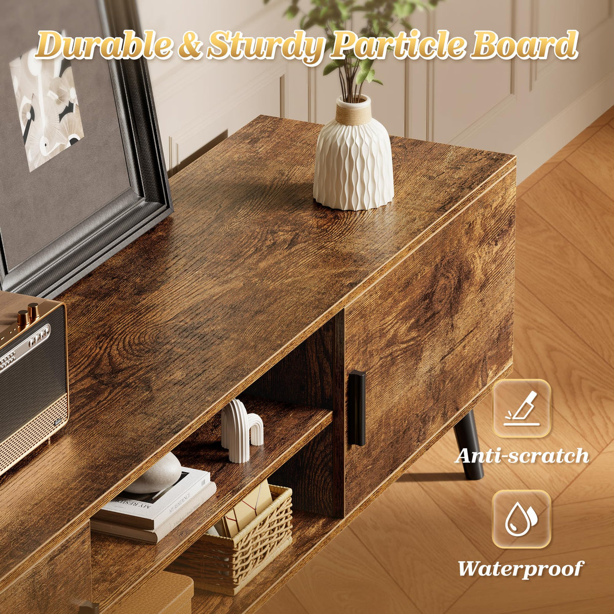 SUPERJARE TV Stand for 55 Inch TV, Entertainment Center with Adjustable Shelf, 2 Cabinets, TV Console Table, Media Console, Solid Wood Feet, Cord Holes, for Living Room, Bedroom, Rustic Brown