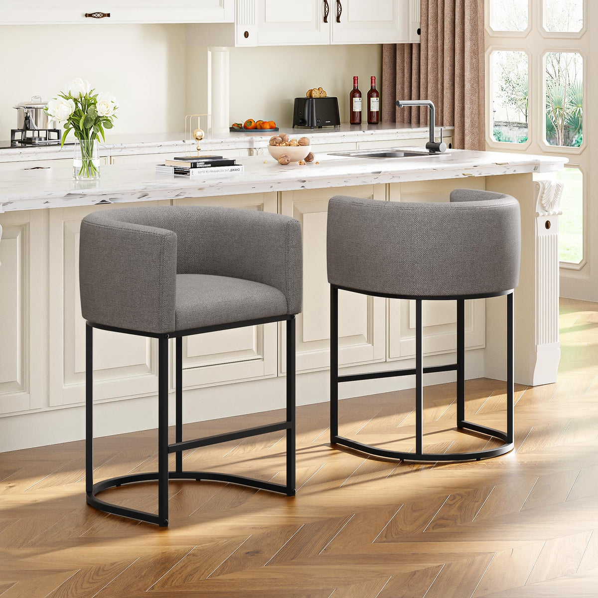 26" H Counter Height Bar Stools Set of 2, Modern Barrel Counter Stools with Backrest and Arms, Linen Fabric Upholstered Accent Barstools for Kitchen Island,Support 450 LBS (Beige)