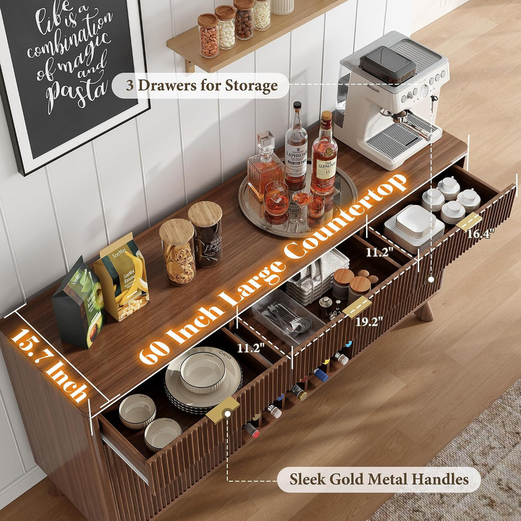 60" Wine Bar Cabinet, Coffee Bar Cabinet with Fridge, Sideboard Cabinet