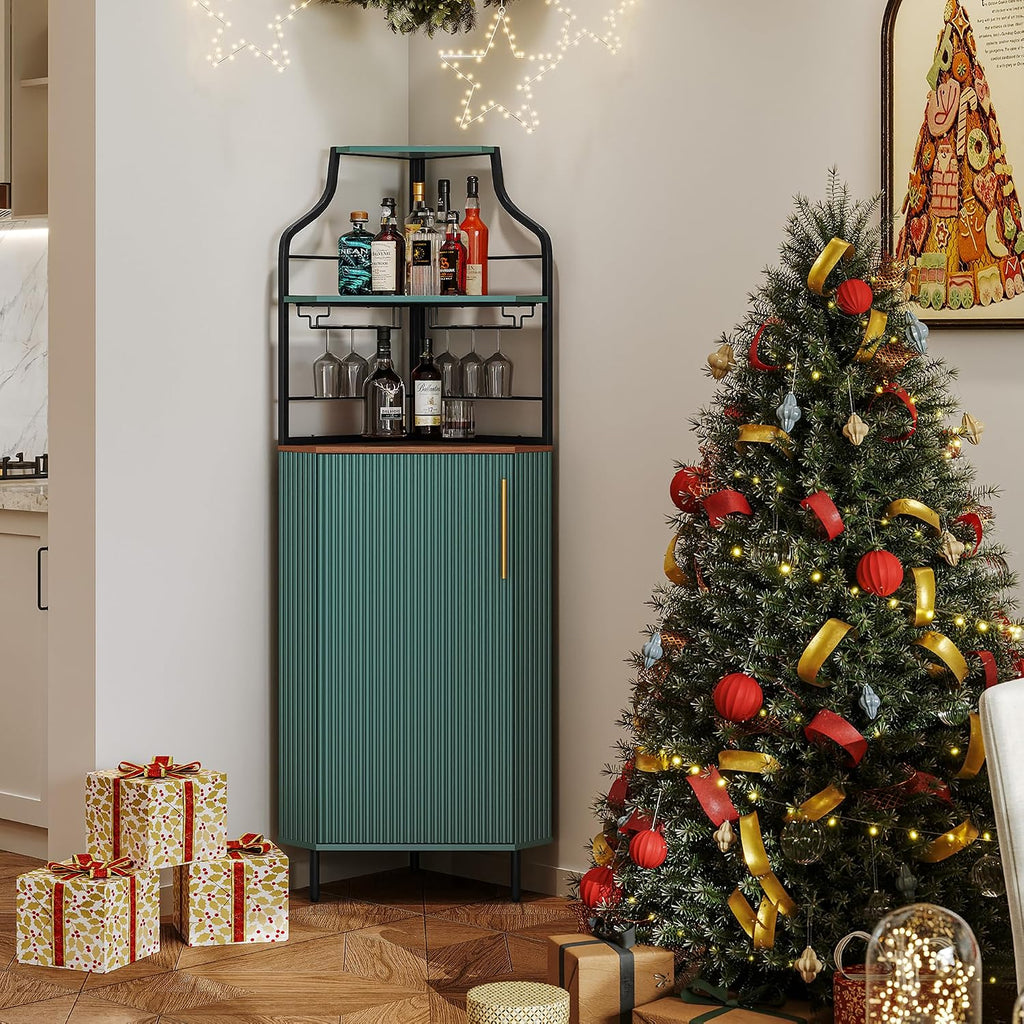 ARTPOWER Corner Bar Cabinet with LED Strip, 4-Tiers Liquor Cabinet, Green