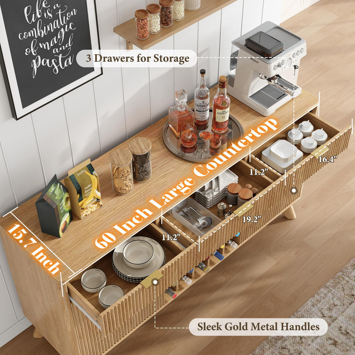 60" Wine Bar Cabinet, Coffee Bar Cabinet with Fridge, Sideboard Cabinet