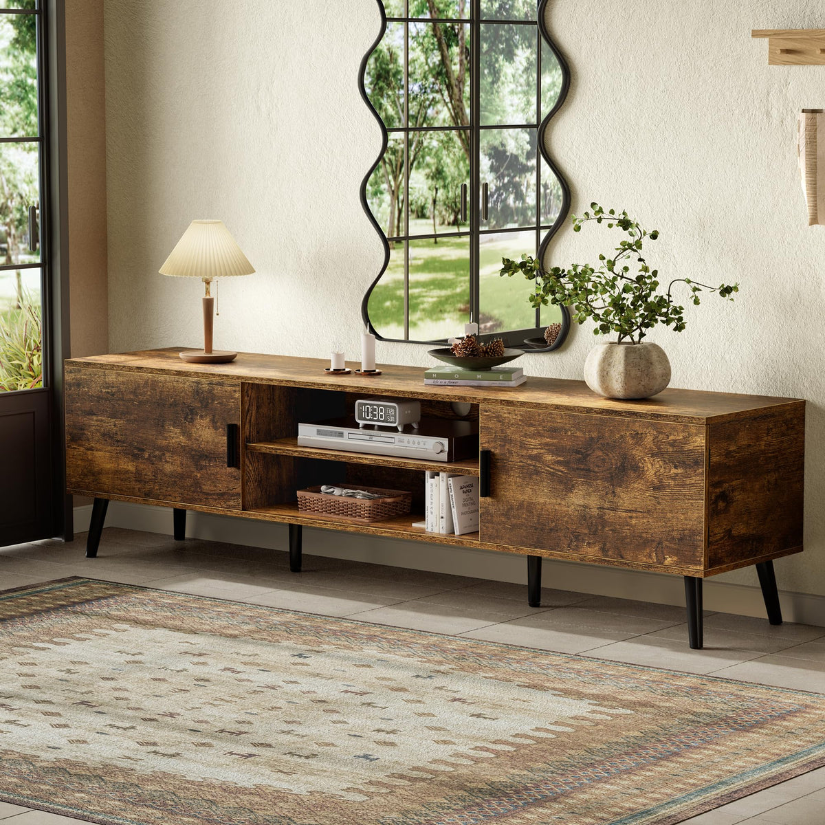 SUPERJARE TV Stand for 55 Inch TV, Entertainment Center with Adjustable Shelf, 2 Cabinets, TV Console Table, Media Console, Solid Wood Feet, Cord Holes, for Living Room, Bedroom, Rustic Brown
