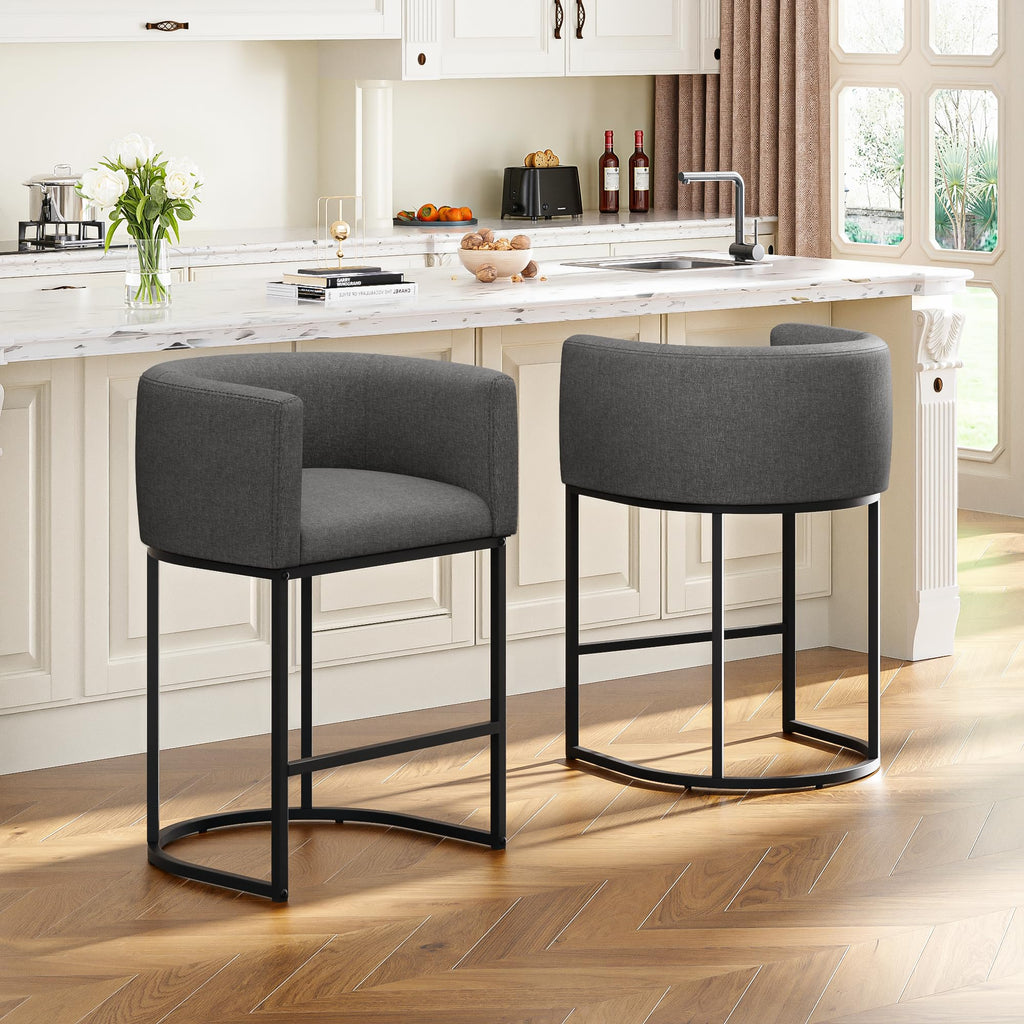 26" H Counter Height Bar Stools Set of 2, Modern Barrel Counter Stools with Backrest and Arms, Linen Fabric Upholstered Accent Barstools for Kitchen Island,Support 450 LBS (Beige)