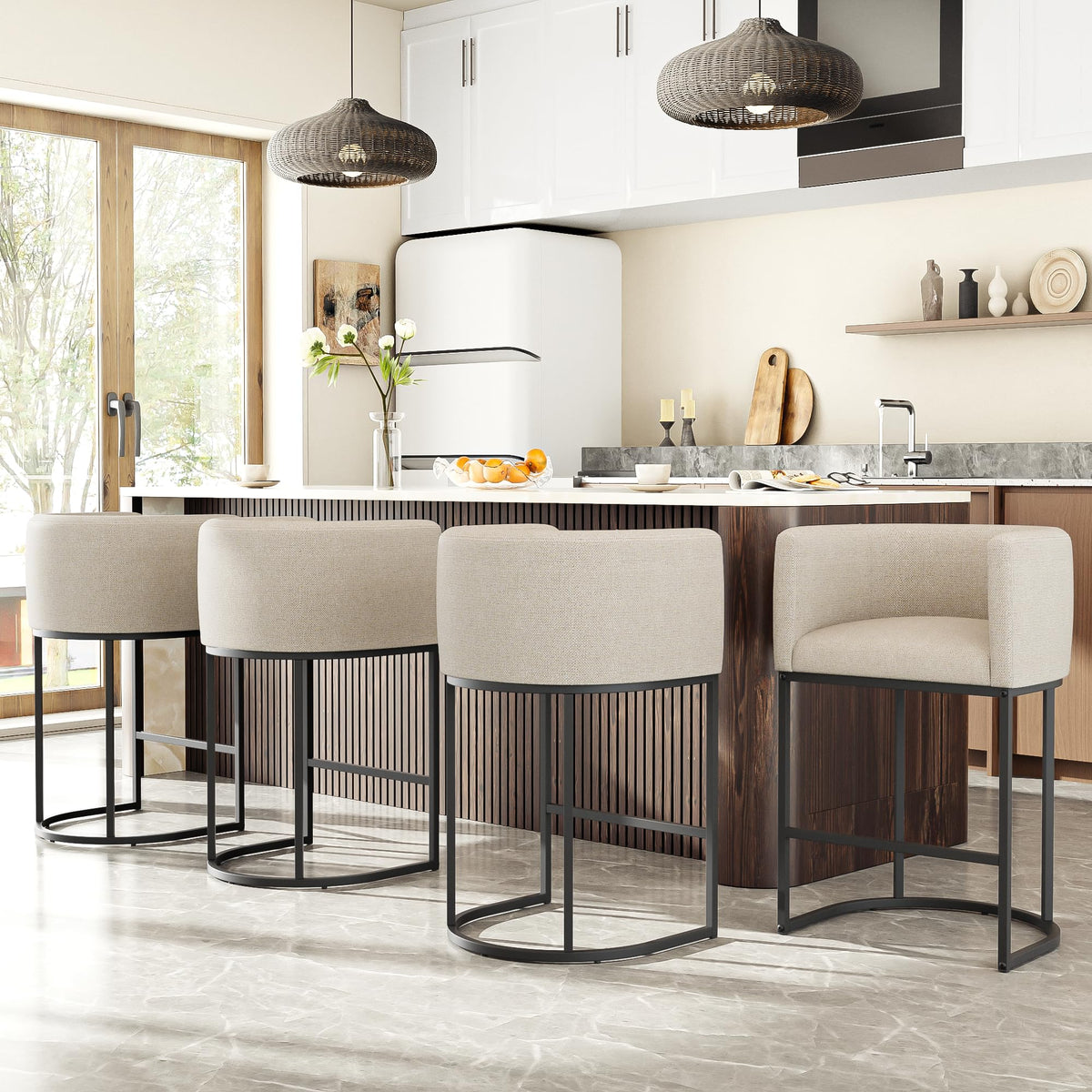 26" H Counter Height Bar Stools Set of 2, Modern Barrel Counter Stools with Backrest and Arms, Linen Fabric Upholstered Accent Barstools for Kitchen Island,Support 450 LBS (Beige)