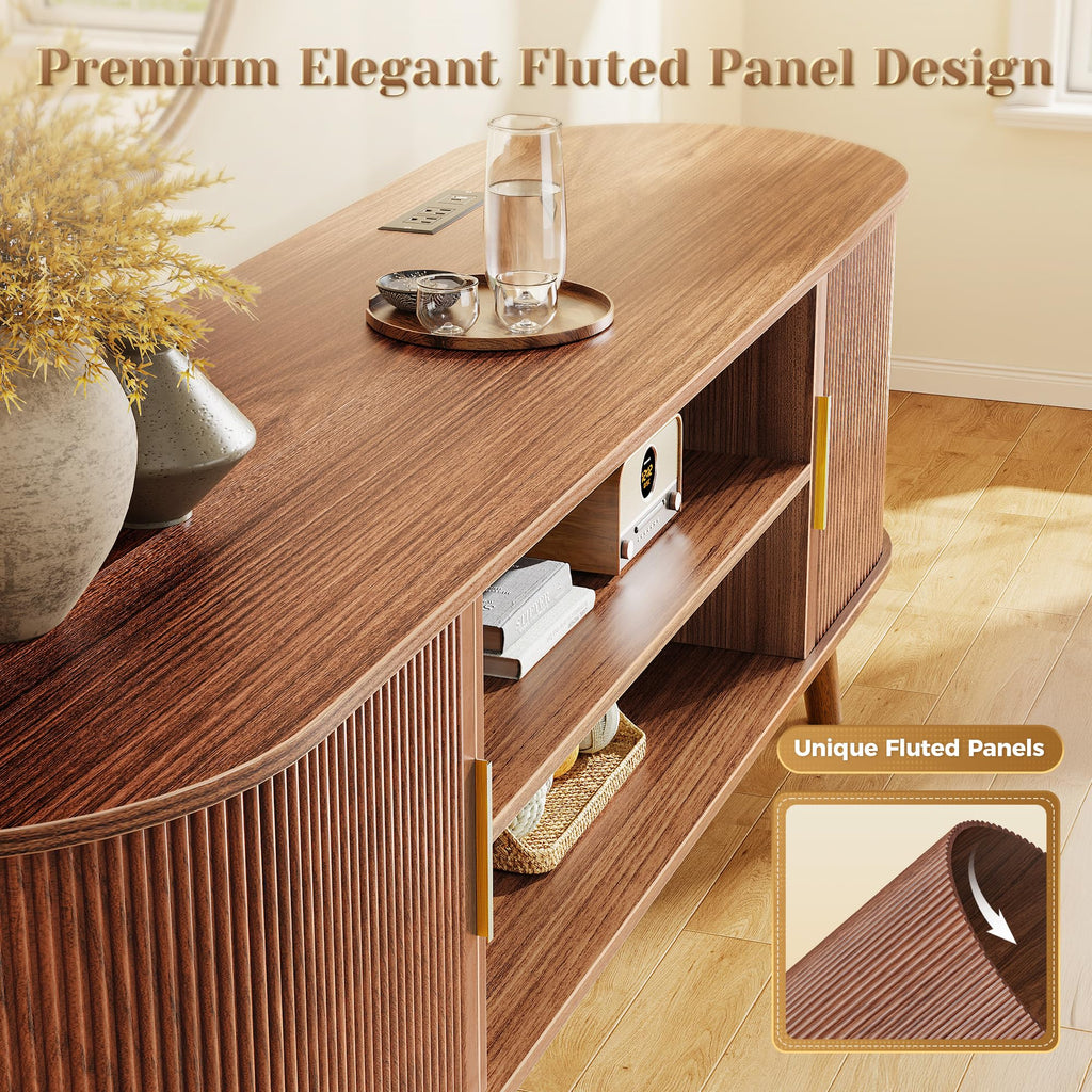 PRAISUN 54 Inch Fluted TV Stand for TVs up to 55 Inch, TV Media Console with Power Outlets and USB-C Port, Entertainment Center with Storage, Curved Sliding Doors, Adjustable Shelf, Brown