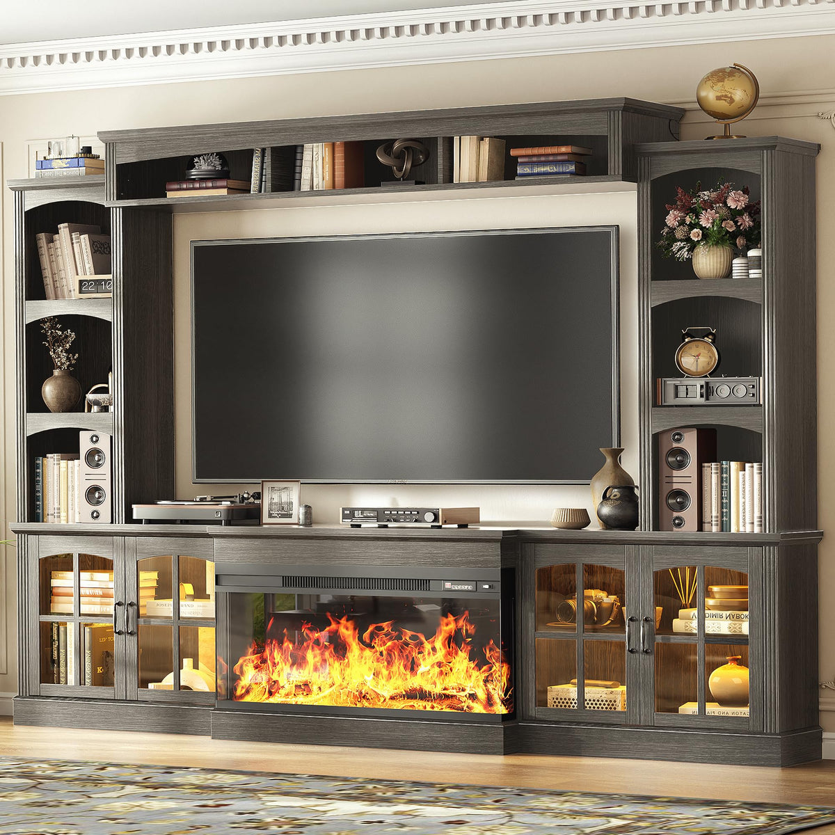 98" Farmhouse TV Stand with 36" Electric Fireplace, Bookshelves, Fits 75" TVs, Entertainment Center with Storage Cabinet, Large Wall Unit Media Console for Living Room, White