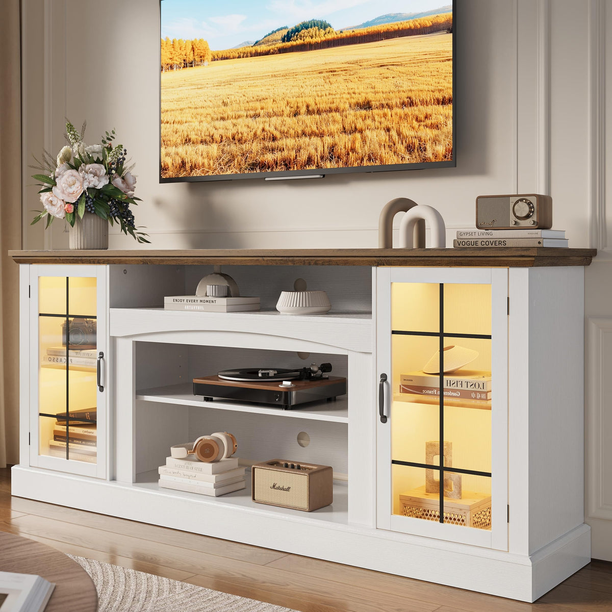 58" Farmhouse TV Stand for 65 Inch TV, LED Entertainment Center with Glass Door Storage Cabinet & Adjustable Shelves, Media Console Table for Living Room, White