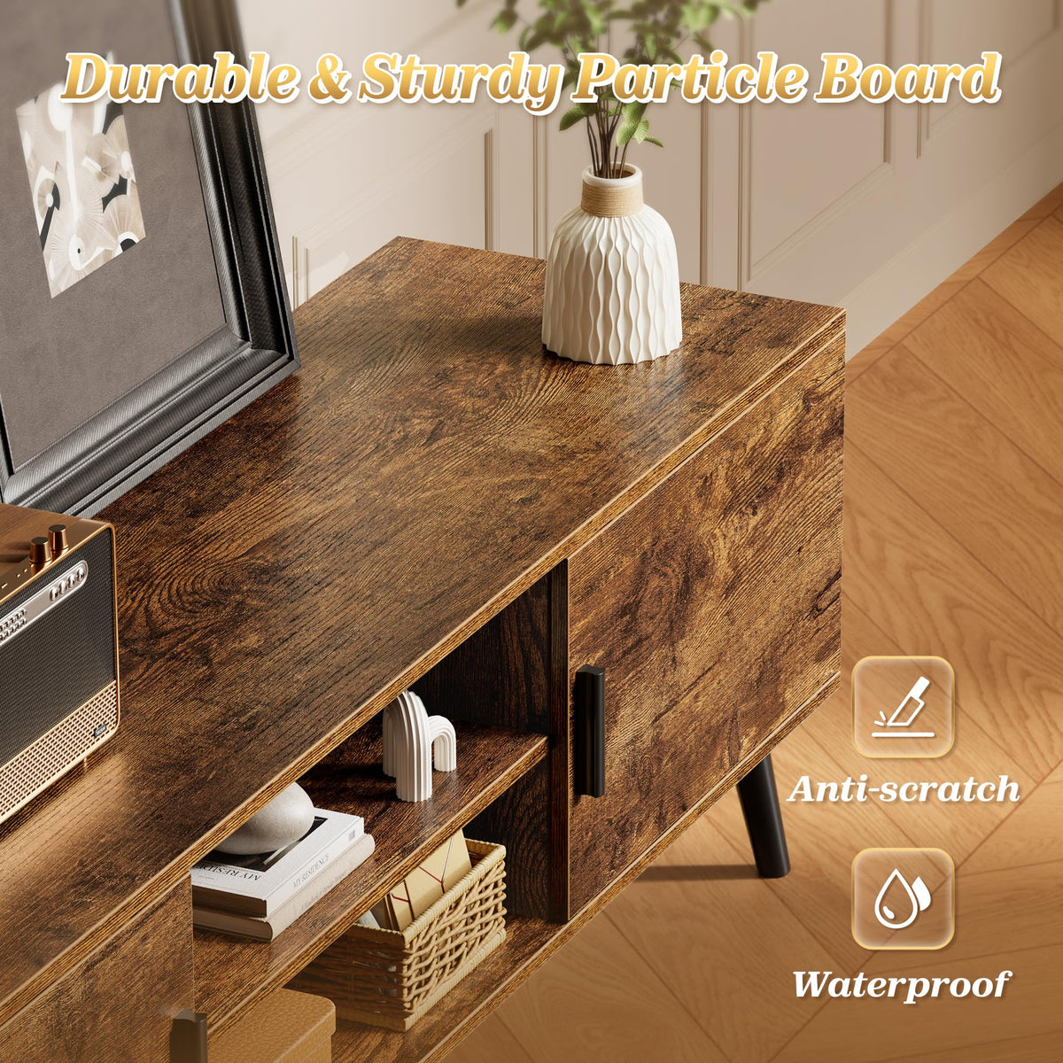 SUPERJARE TV Stand for 55 Inch TV, Entertainment Center with Adjustable Shelf, 2 Cabinets, TV Console Table, Media Console, Solid Wood Feet, Cord Holes, for Living Room, Bedroom, Rustic Brown