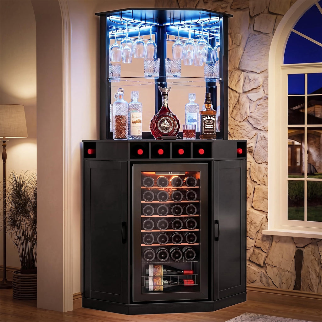 GDLF Corner Coffee Bar with Fridge Space, L Shaped Liquor Cabinet,Black
