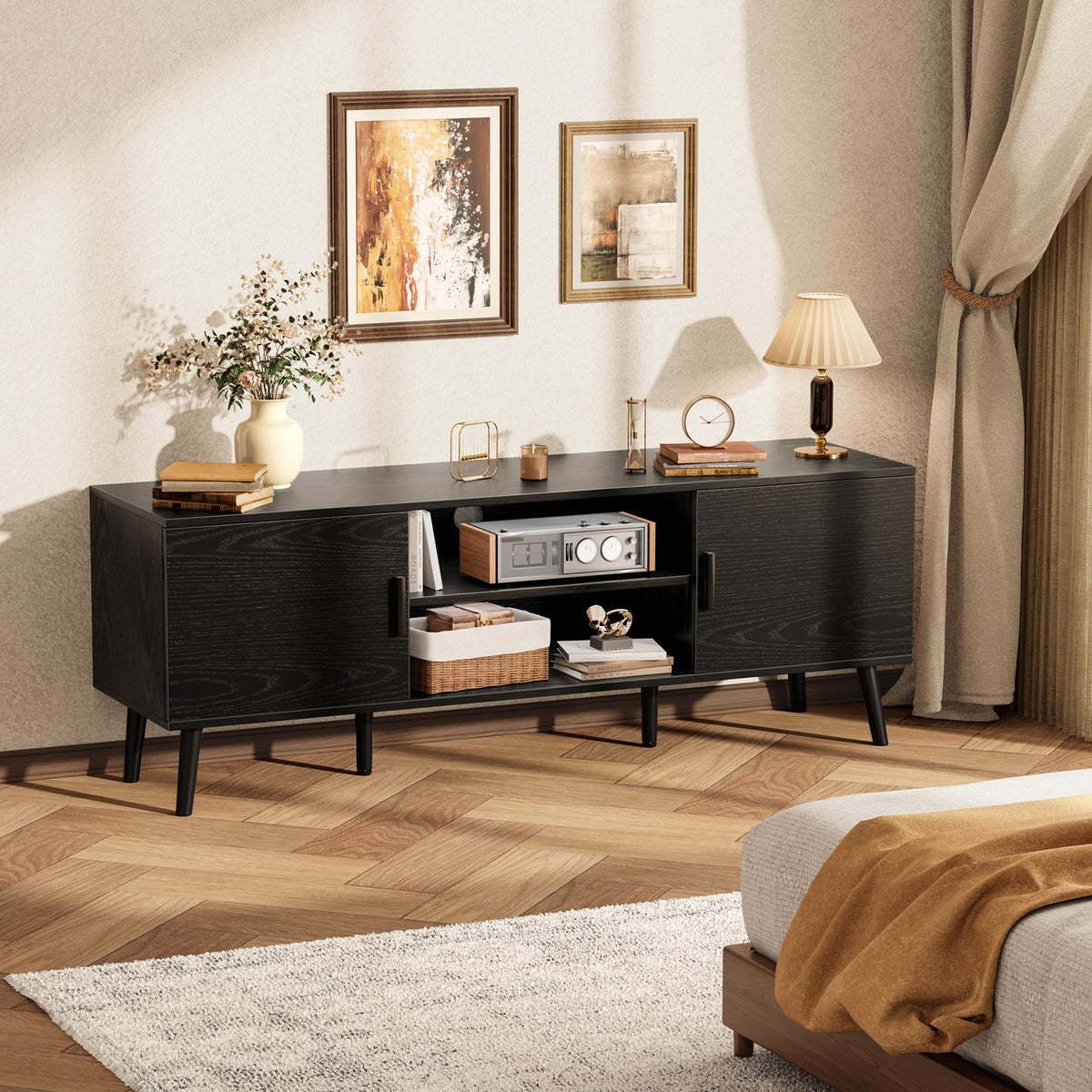 SUPERJARE TV Stand for 55 Inch TV, Entertainment Center with Adjustable Shelf, 2 Cabinets, TV Console Table, Media Console, Solid Wood Feet, Cord Holes, for Living Room, Bedroom, Rustic Brown
